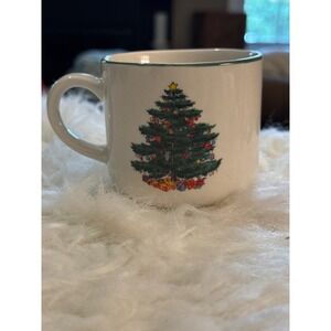 GTI Christmas Tree Ceramic Coffee Mug White Green Rim Holiday Tea Cup 3 Inch